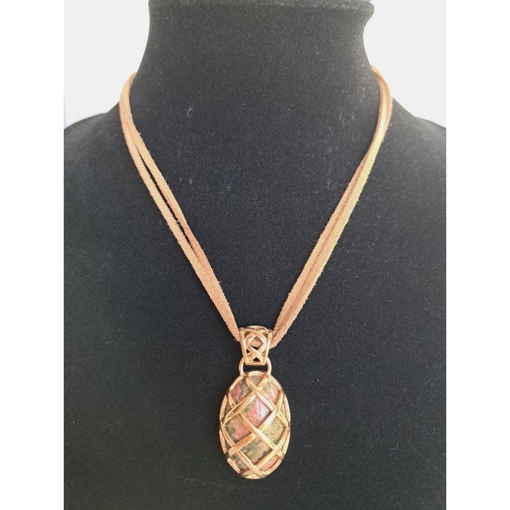 Necklace With Pendant Oval Egg Shaped Gold Tone‎ Caged Gemstone Unakite Cord